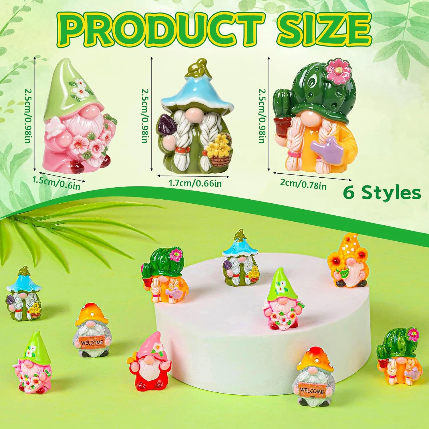 30 Pcs Spring Mini Gnomes Figurines 6 Style Spring Miniature Resin Gnome Decorations with Sunflower Cactus Flowers for Decor