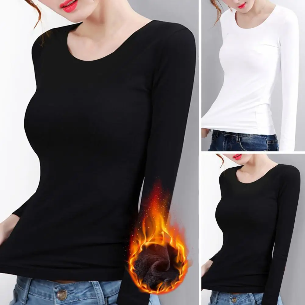 

Women Thermal Shirt Velvet Lined Women's Thermal Tops Round Neck Long Sleeve Tee Shirt for Winter Slim Fit Solid Color Warm