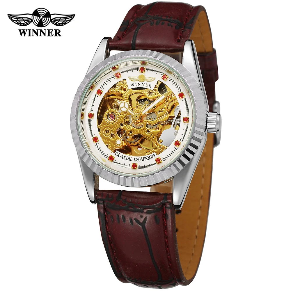 T-WINNER Luxury Brand Man Watch Hollow Automatic Mechanical Wristwatches Red Rhinestone Leather Trendy Business Male Timepieces