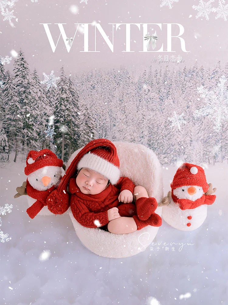 Newborn Christmas Photo Theme Red Knit Romper+Santa Hat Plush Snowman Doll Dream Snowy Scene Background for Studio Baby Shooting