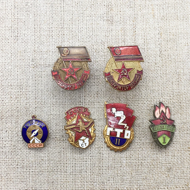 6pcs USSR Badges DOSAAF Instructor Soviet Union Tourist GTO 1st Class GTO 2nd Class Young 