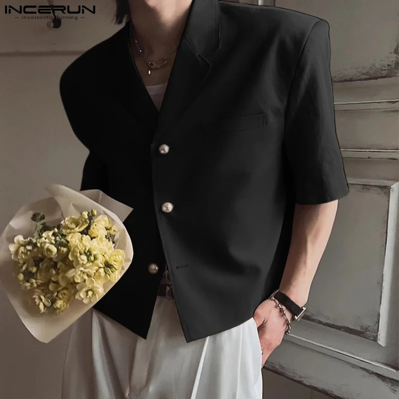 INCERUN Tops 2024 Handsome New Men Lightweight Cropped Solid Color Suit Coats Leisure Streetwear Male Short Sleeved Blazer S-5XL