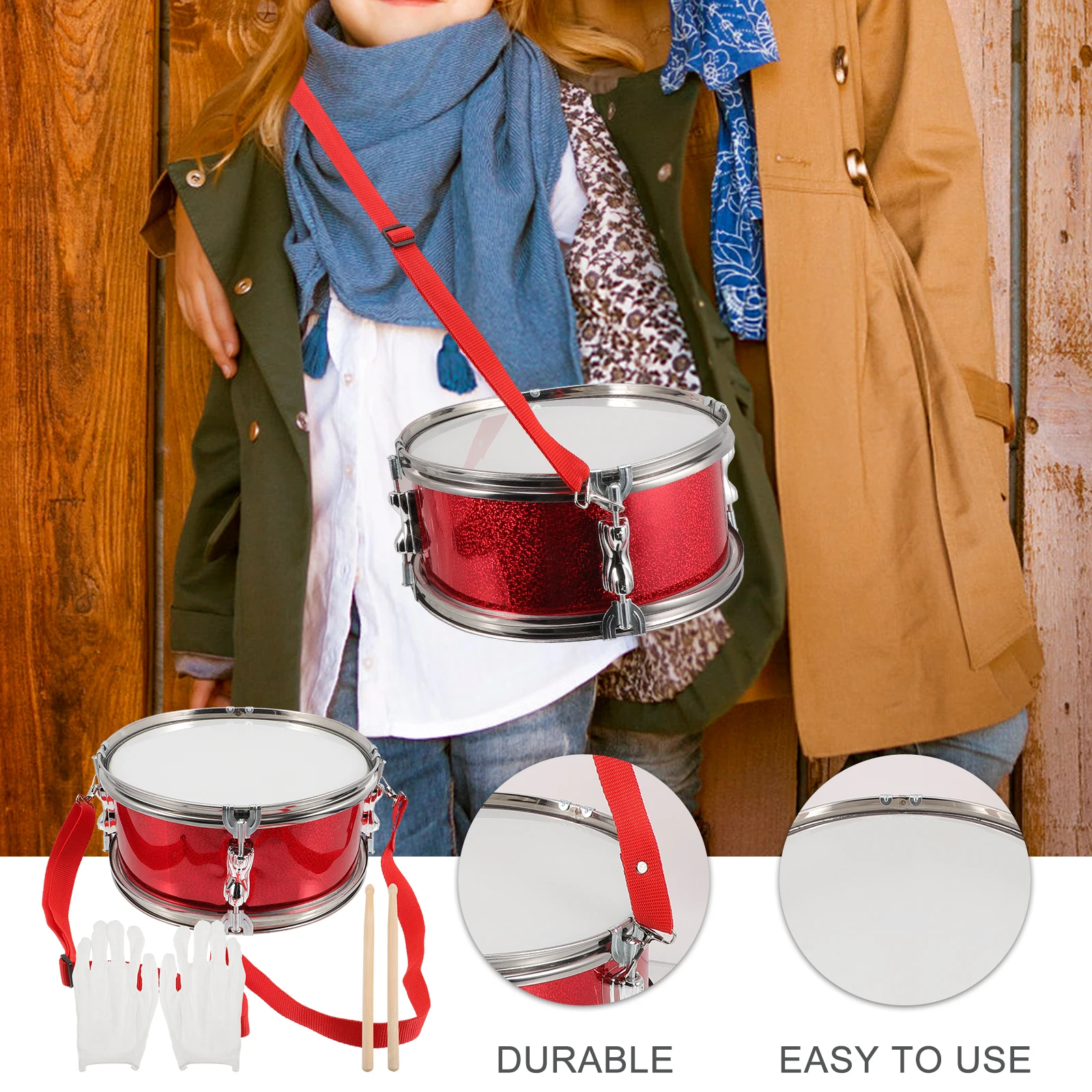 

Snare Drum Kit Kids Musical Toys Tambourines Instruments Drumsticks Small Percussion Flashing Red Durable ABS Cotton Wood