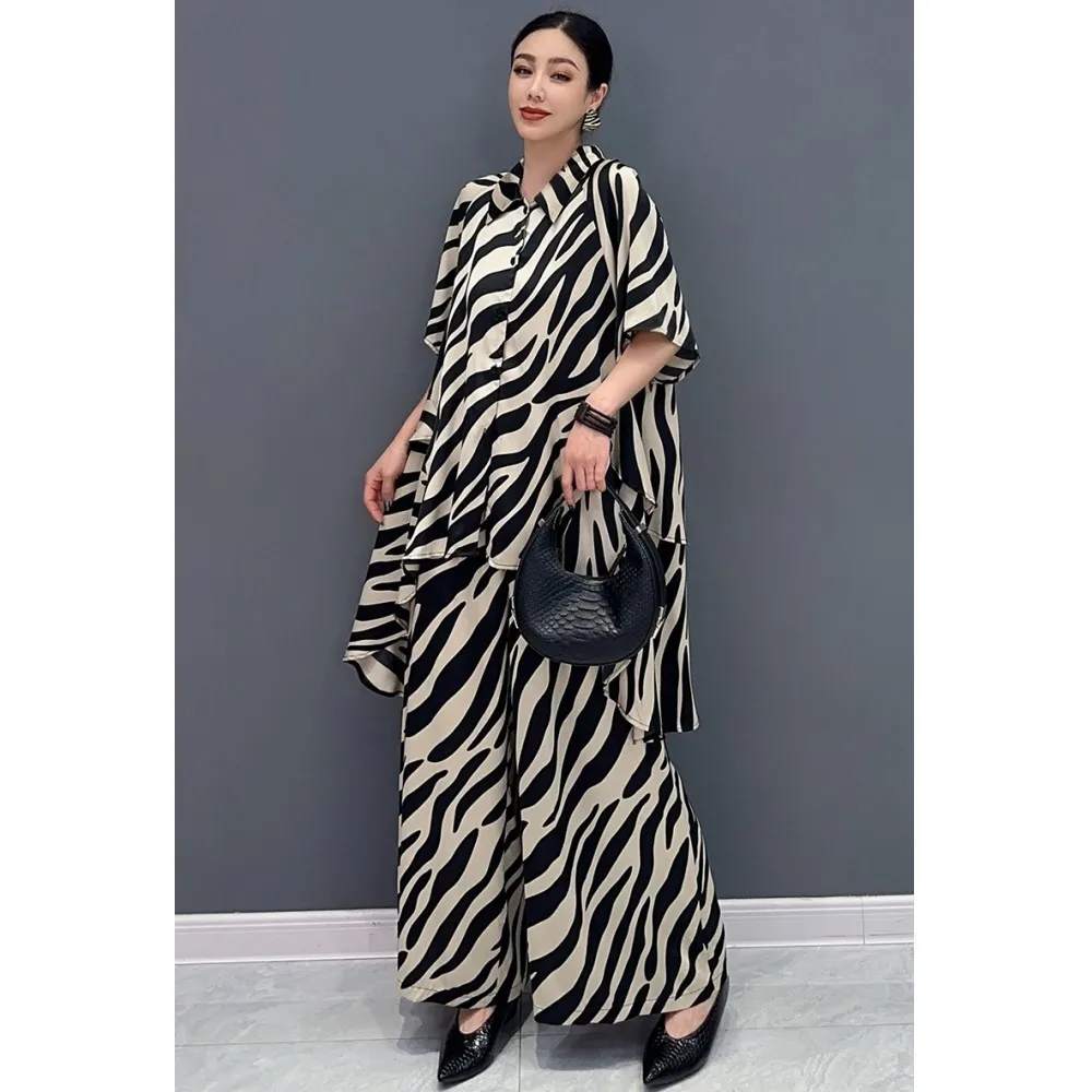 

2024 Summer New Short Sleeved T-shirt + Wide Leg Long Pants Two Piece Set Women Striped Pant Set Fashion Large Size LX1671