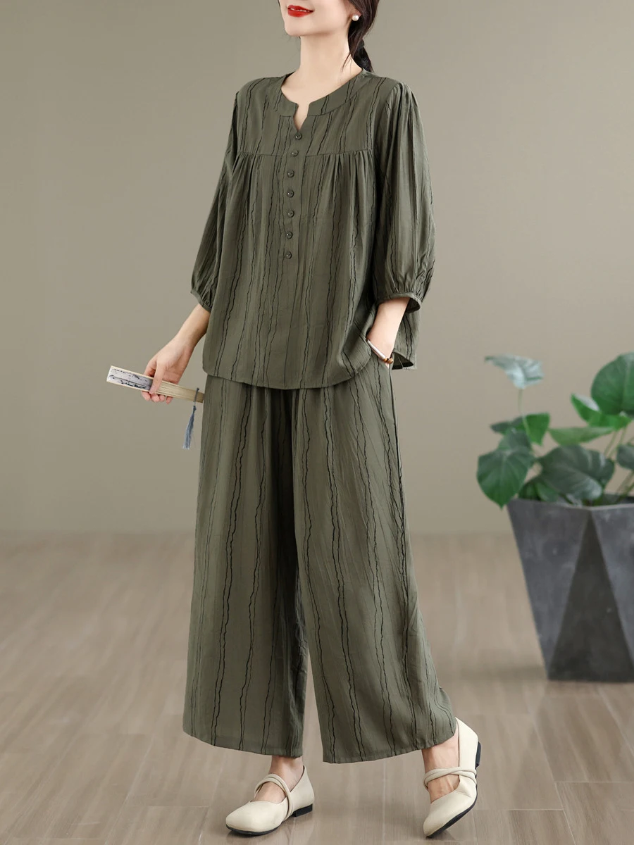 

Summer Cotton Linen Loose plus Size Slimming Anti-Aging Shirt Wide Leg Pants Set Women's Fashion Casual Wear Two-Piece Suit