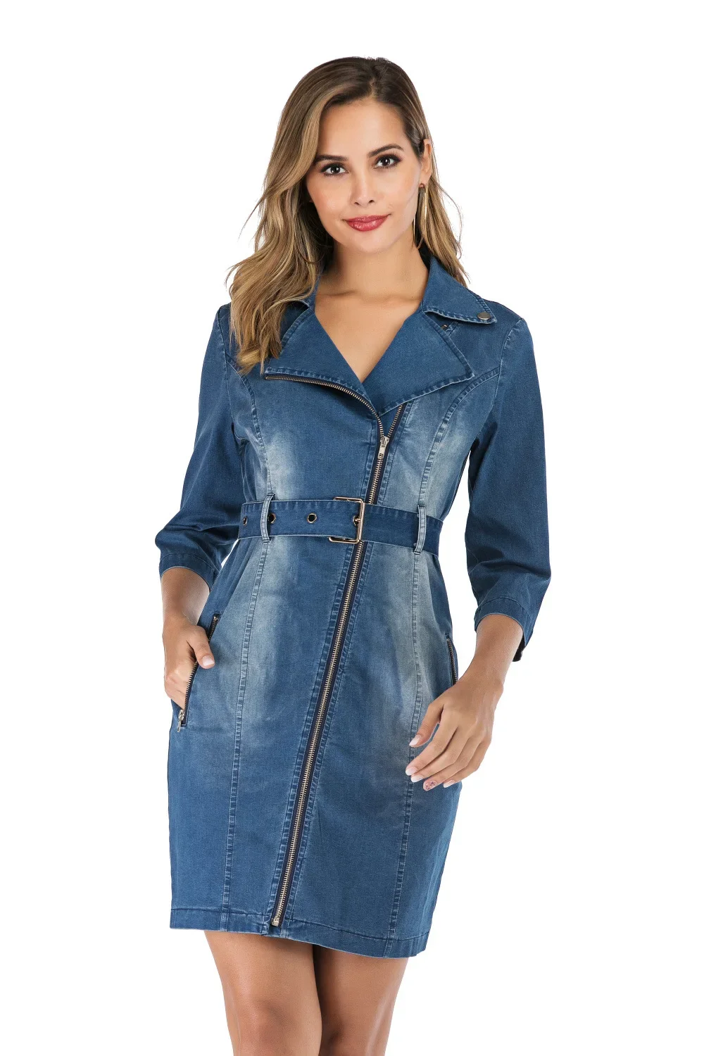 

Three Quarter Sleeve Office Lady Denim Dress Spring Autumn Sashes Slim Jeans Dress Female Notched Zipper Bodycon Bandage Dress