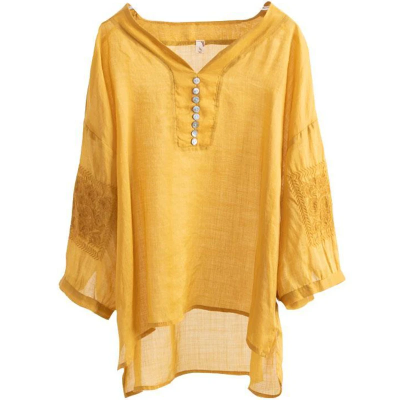 Vintage Folk Elegant Solid Embroidery Button Thin T-shirt Summer 2023 New Three Quarter Sleeve V-Neck Loose Tops Female Clothing