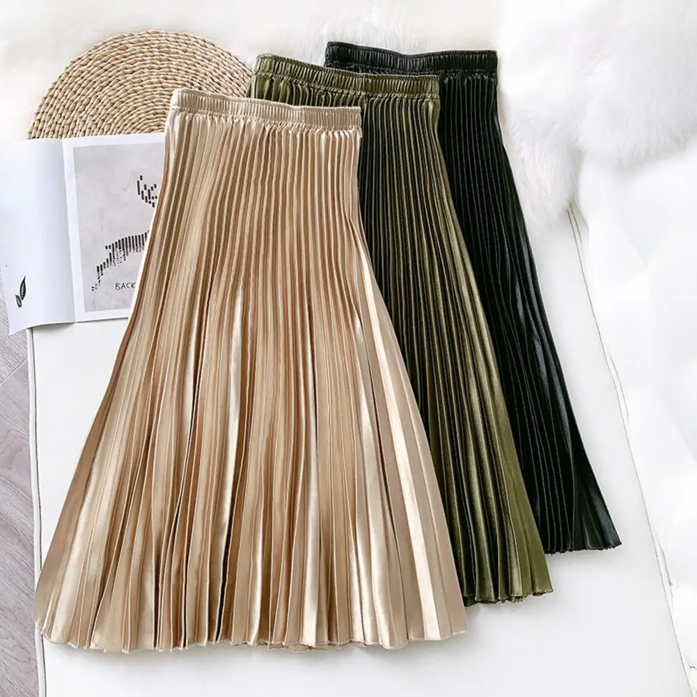 Women Skirt Pleated Stylish Exquisite Comfy Soft Dressing Up Polyester High Waist Solid Color Mid-Length Skirt Daily Clothing