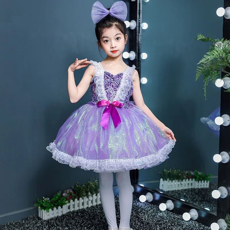 Purple Fluffy Skirt Eco-friendly Sequin Gauze Dress for Child Girls Ballerina Tulle Costume Kindergarten Latin Dancewear Clothes