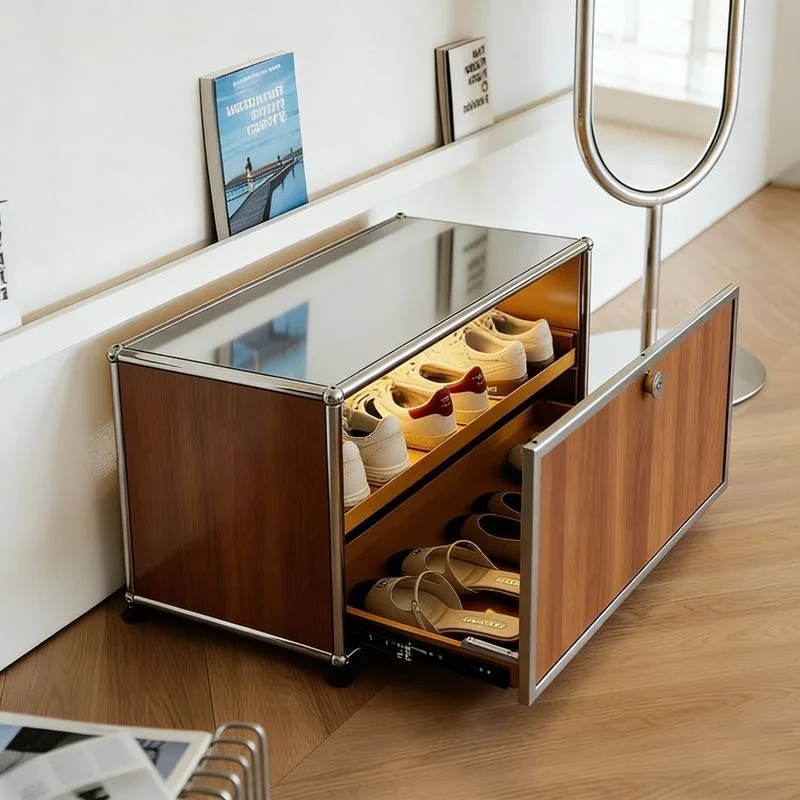 Module Shoe Cabinet Stool Entrance Hall Stainless Steel Module Wooden Storage Cabinet Customizable Living Room Shoe Rack Shelf