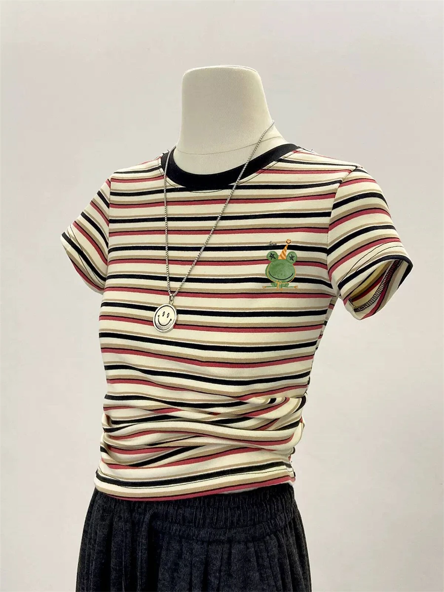 

Hong Kong Sle Chic Retro Striped oulder T-irt Women's Summer Faionable Casual Versatile Top Trendy ort Sve round...