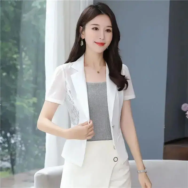 

White Lace Women Blazer 2023 New Elegant Chiffon Thin Sun Protection Summer Blazers Lady Office Suit Jackets Coat Slim Tops A152