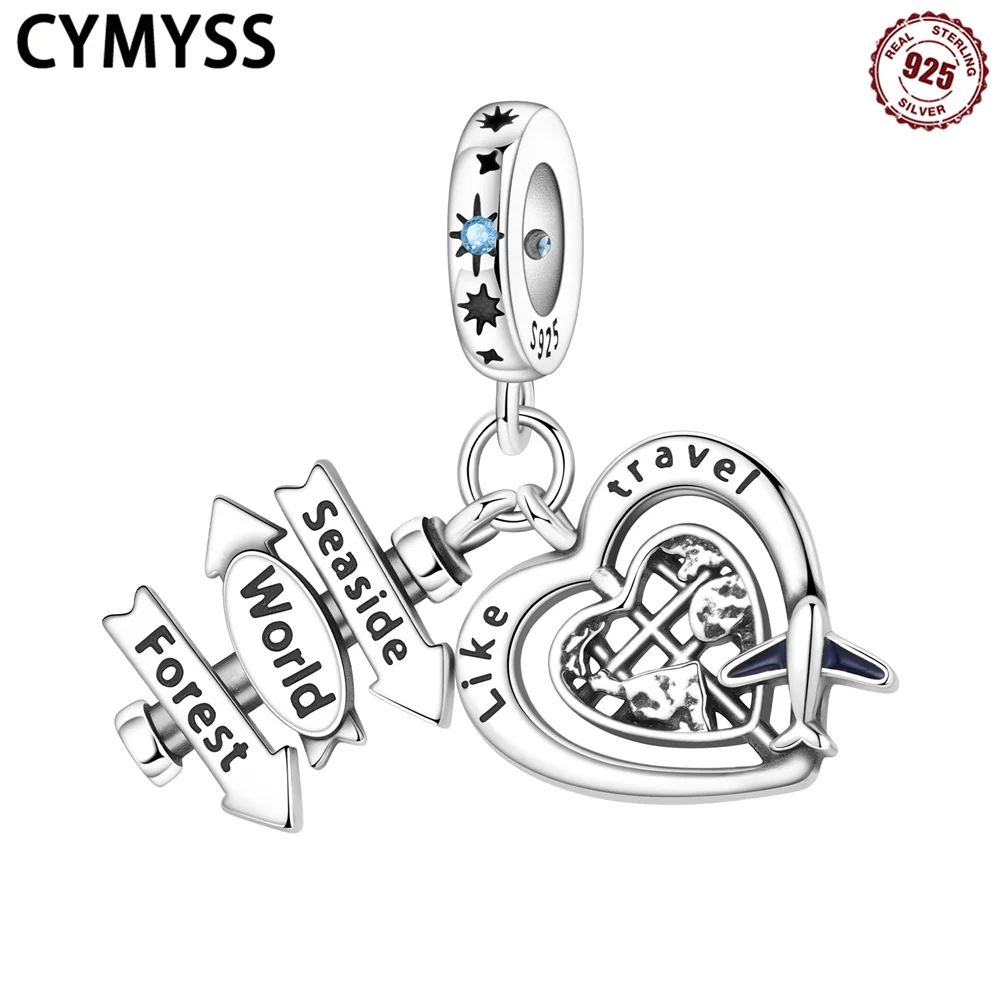 

CYMYSS 2025 New S925 Sterling Silver Airplane Earth Indicator Heart Beads Pendant Fine Jewelry Birthday Gift Ladies DIY Jewelry