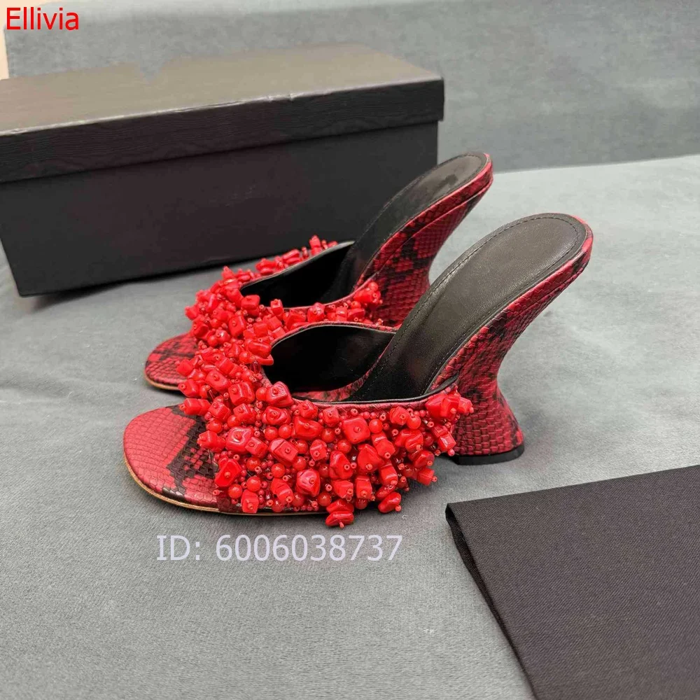 Women Beaded Snake Print Wedge Mules Sandals Open Toe Slip On Sculptural High Heel Slippers Ladies Party Evening Fashion Shoes