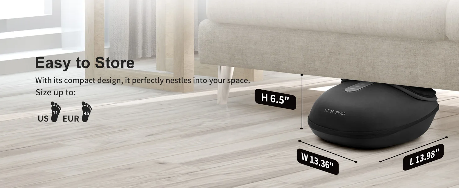 Make Time for Foot Relaxation An electric shiatsu foot massager featuring rolling and kneading massage, optional heat, adjustable air compression, and a convenient 15-minute timer.