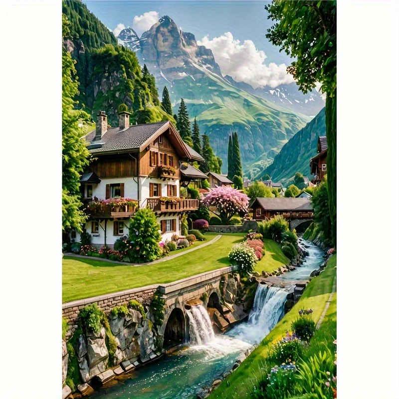 

Cabin Under the Mountains& Flowing Bridge- DIY 5D Diamond Painting Kit, Round Rhinestone Mosaic Art, Frameless
