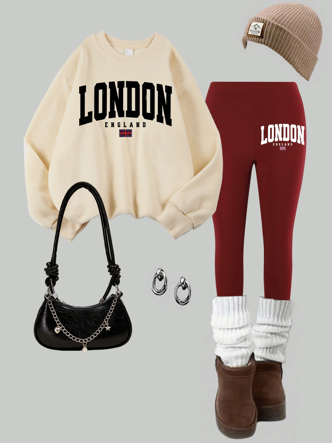 2-delige Dames London England Vlag Afdrukken Sweatshirt Legging Set Straat Fleece Thermische Hoodie Broek Winter Dameskleding