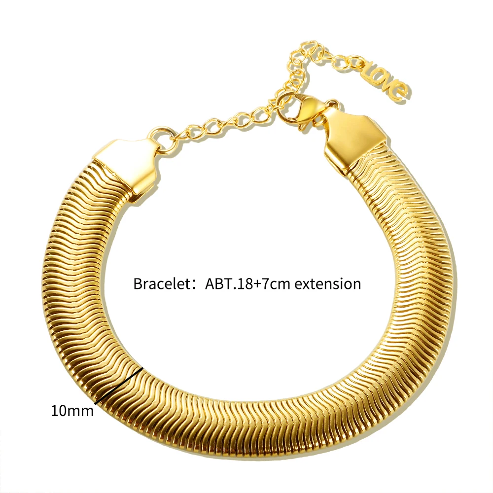 Edelstahl-Halskette, minimalistische metallische Textur, Schlangenkette, 18 Karat vergoldet, flach, dick, Halsketten, Armband für Unisex-Schmuckset – Detail 6