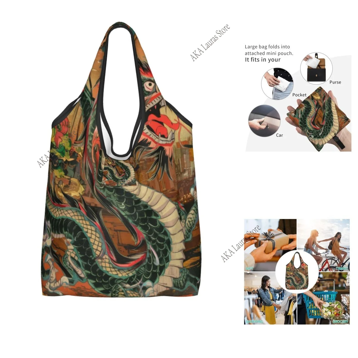 Dragon Snapback Grocery Shopping Bag Shopper Tote Shoulder Bag Large Handbag
