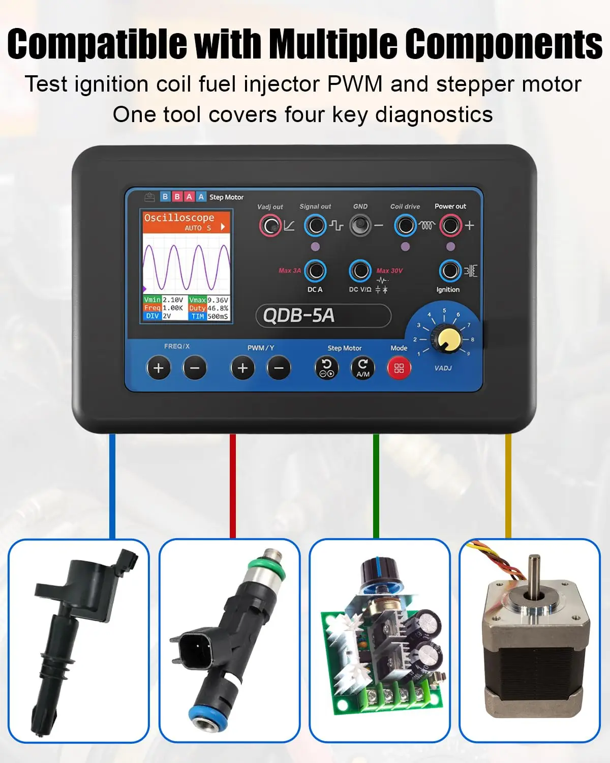 Upgraded QDB-5A Ignition Coil Tester, Automotive Actuator Drive Tool for Ignition Coil Fuel Injector Solenoid Valve Stepper Motor Diagnostic Testing Equipment