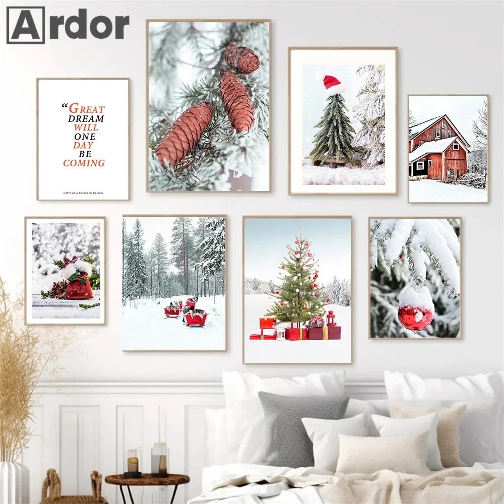 Christmas Tree Pine Posters Pine Car Canvas Painting Winter Snow Landscape Pictures Wall Art Nordic Scenery Prints Home Decor