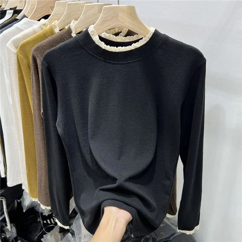 

Autumn Winter Lace Semi High Neck Er T-Shirts Women's Clothing New Style Slim Fit Slimming Keeping Warm Simplicity All-match Top