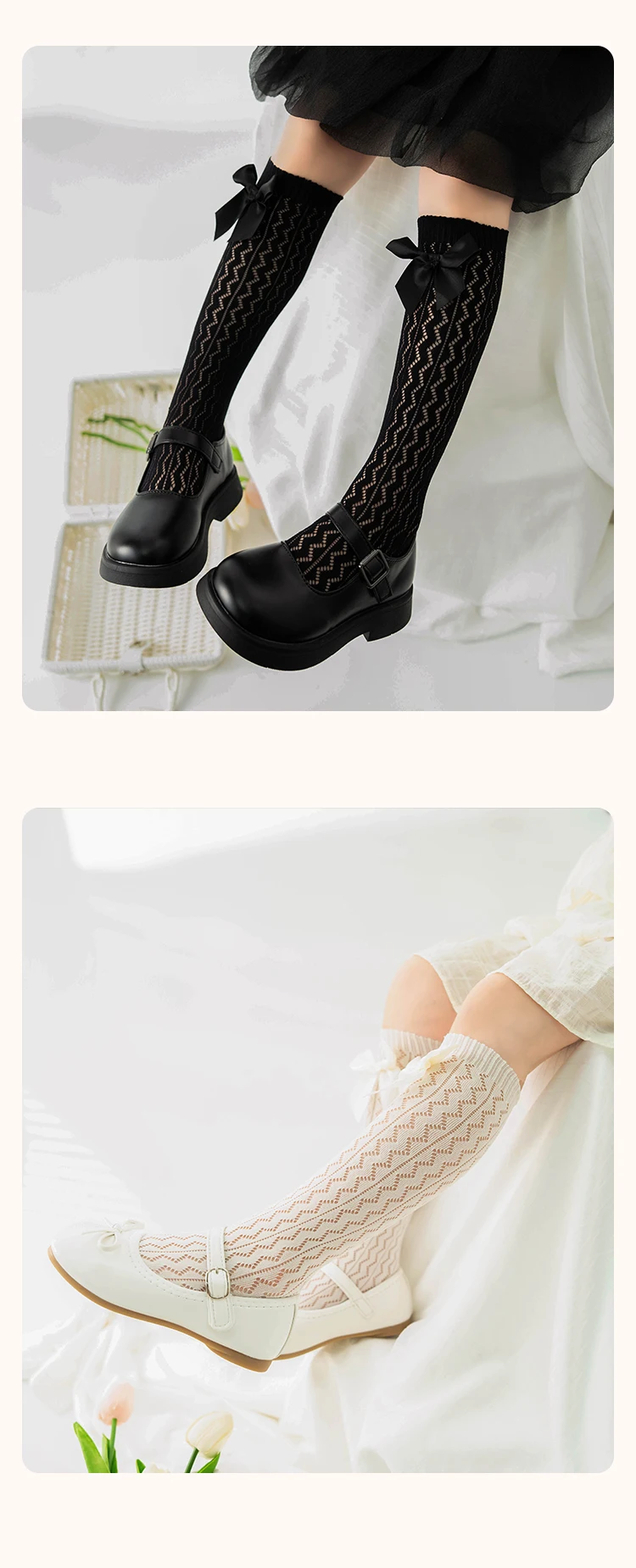 Süße Studenten-Lange Kawaii Socken Baby Kinder Geometrische Wellenförmige Overknee-Socken Prinzessin Lolita Mädchen Schleife Hohle Netzstrümpfe – Detail 9