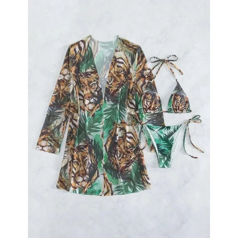 Print 3 Piece Bikini Set Women Swimsuit Sexy Split Triangle Lace Up Micro Bikini Mesh Cover Up 2025 New Beach Lady Bathing Suit