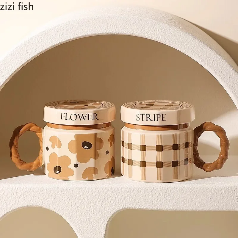 كوب سيراميك عتيق مع غطاء بني بنمط هندسي فنجان قهوة كوب لاتيه كوب للزوجين أكواب الإفطار أكواب شاي منزلية أكواب مياه