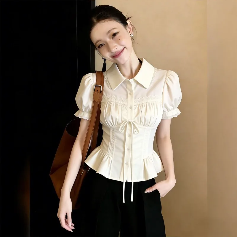 

Ezgaga Shirts Women Turn Down Collar Summer Fashion Elegant Vintage Bandage Lace Patchwork Crop Tops Female Casual Blouse
