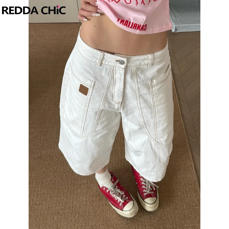 

ReddaChic Women Stitching Seam Denim Shorts White Retro Pockets Cargo Wide Leg Casual Bermuda Pants Skater Hip Hop Streetwear