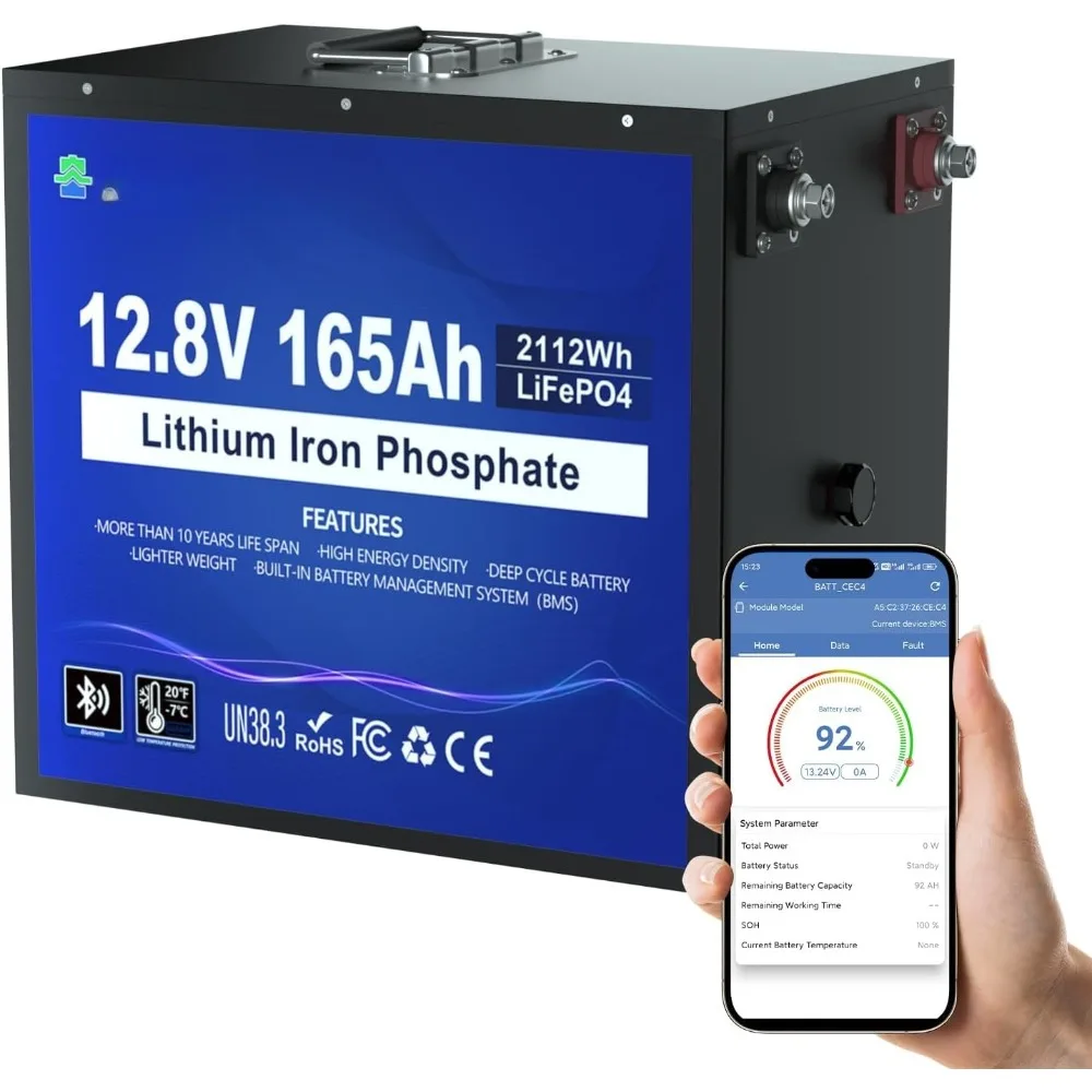 

Литиевая батарея LiFePO4 12 В, 165 Ач, Bluetooth и защита от низкой температуры, безопасный металлический корпус, литиевая батарея 12 В до 15000 циклов