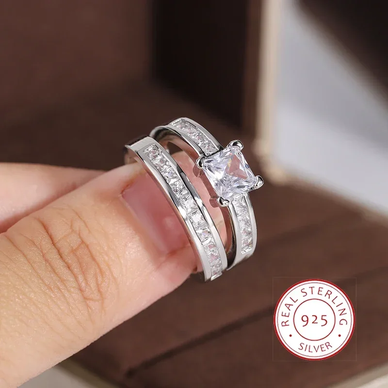 925 Sterling Silver Double Row Zircon Micro Inlaid Style Wedding Diamond Ring Set Ring Zircon For Couple Ring