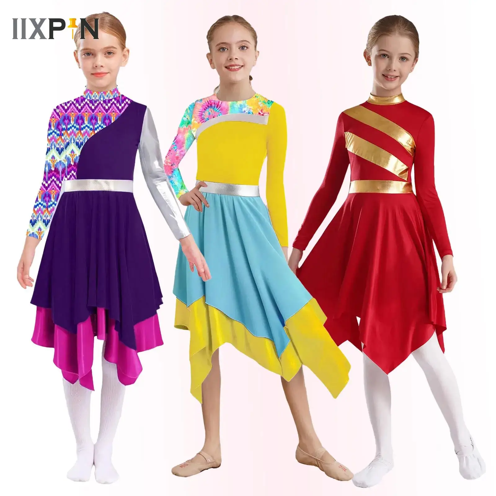 

Kids Girls Metallic Printed Liturgical Praise Christian Worship Church Choir Performance Costume Ballet Lyrical Dance Dresses