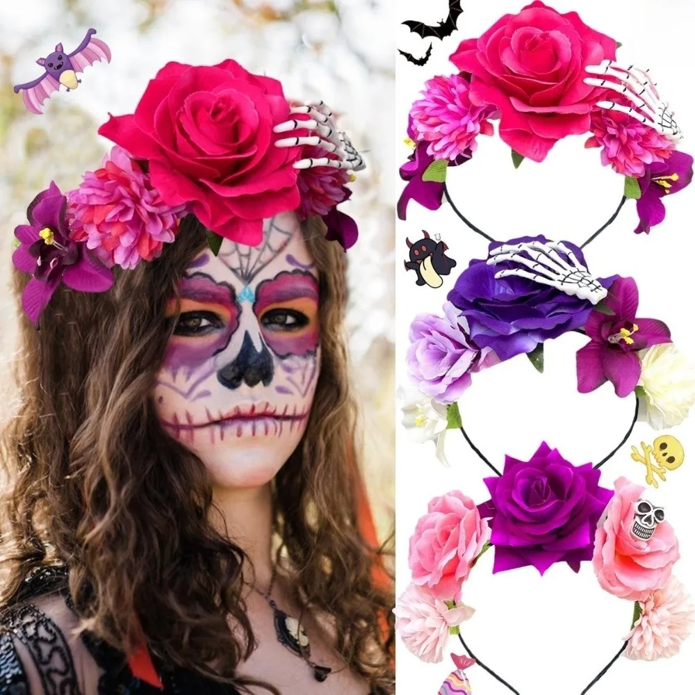Fashion Plastic Halloween Headband Skull Gothic Rose Flower Crown Ghost Claw Multicolor Floral Hair Hoop Wedding