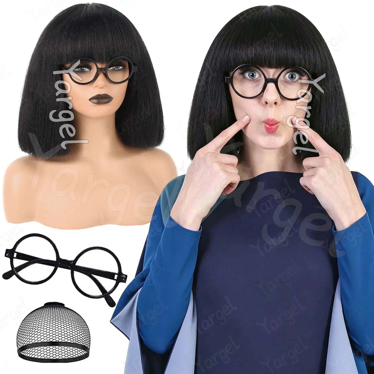 Synthetic Fluffy Yaki Bob Wig with Bangs+Glasses Frame,Black Bob Wig for Women Edna Mode Costume Wig for Halloween Cosplay Party
