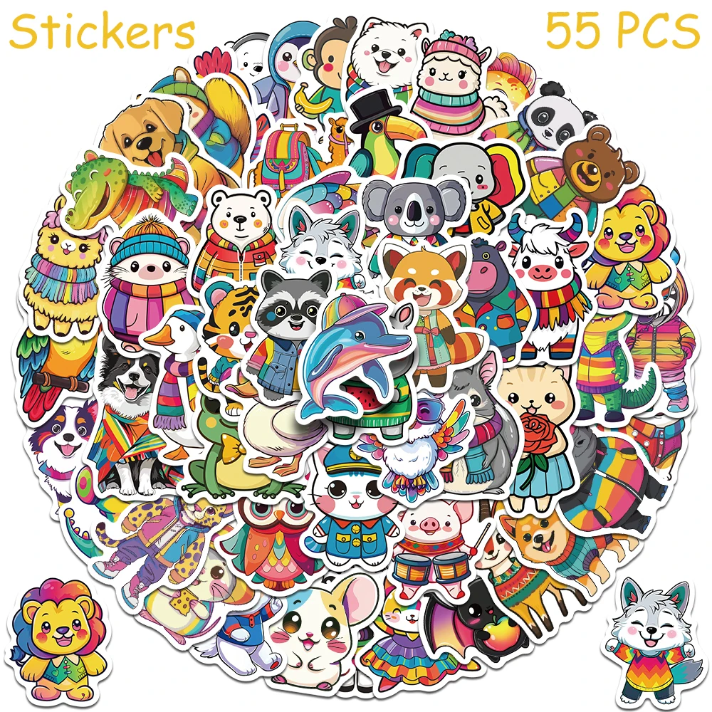 

55pcs Cartoon Cute Animals Stickers Decals For Phone Laptop Suitcase Skateboard Helmet DIY Aesthetic Stickers Kids Toys Gifts