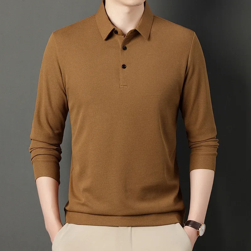 

Pop Men's Spring And Autumn Waffle Long Sleeved T-shirt Men's POLO Shirt Solid Color Casual Men's Brand Polo Bottom Shirt