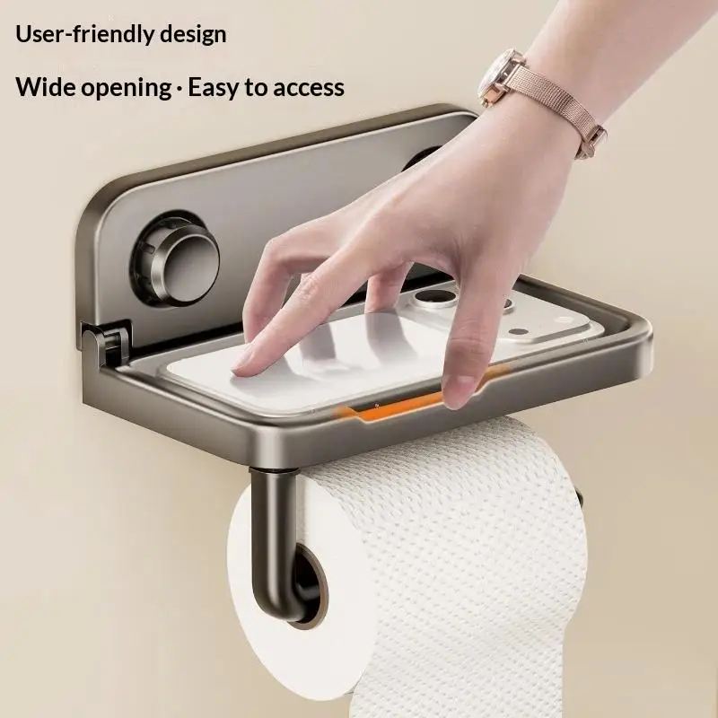 Bathroom Wall Mounted Storage Rack Foldable Stainless Steel Mobile Phone Holder Tissue Holder No Drilling Multi-Functional