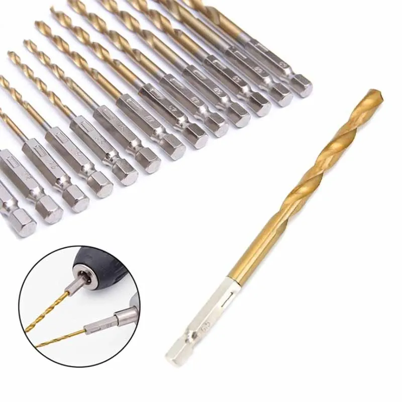 1/13Pcs Hexagonal Handle Twist Drill Bits High Speed Steel Titanium Plated Coated 1/4 Inch Hex Shank Drill Bit Tools