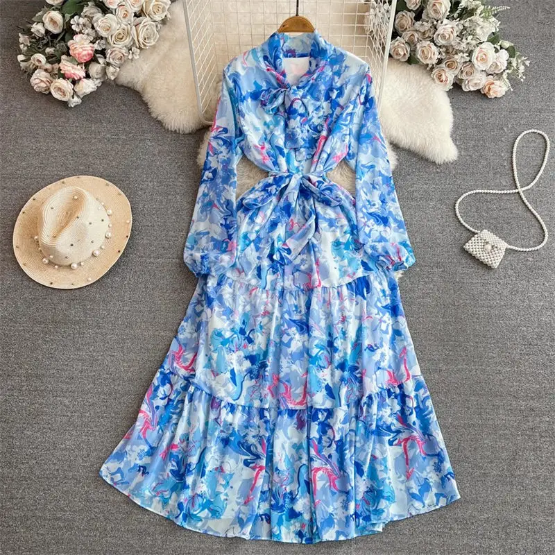 Elegant And Beautiful Women's Dress 2024 Spring Autumn Korean Full Sleeve Bow Tie Up Waist Slim A-Line Printed Long Dress Z3574