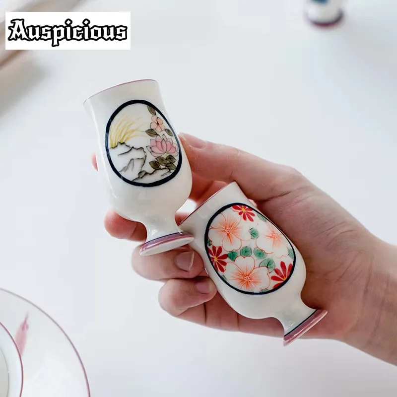 2pc/set Pure Hand-painted Window Diffuse Flower Group Color Breeze High Foot Cup Handmade Ceramic Tea Cup Wine Master Cup 40ml