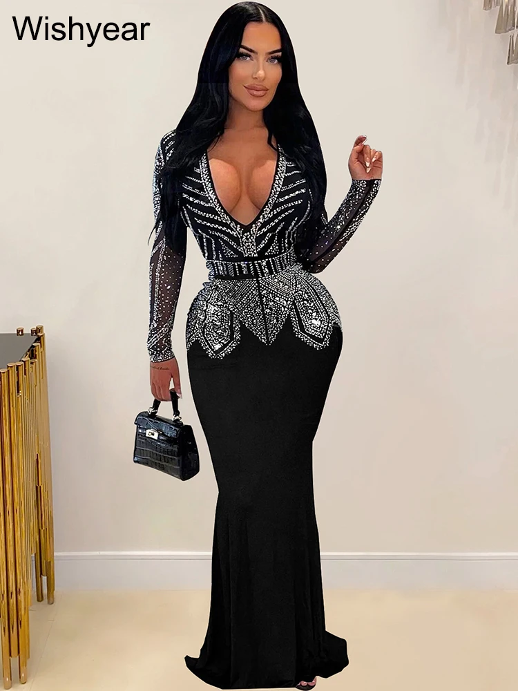 Wishyear Sexy Crystal Rhinestones Long Sleeve V Neck Mermaid Blue Maxi Dress Women Birthday Evening Luxury Celebrities Elegant