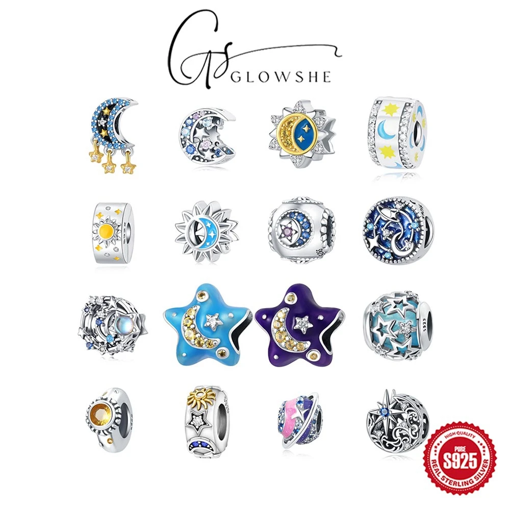 

Glowshe 100% стерлингового серебра 925 пробы, циркон, солнце, луна, звезда, браслет из бисера, ожерелье, кулон «сделай сам», ювелирные аксессуары, подарок ручной работы