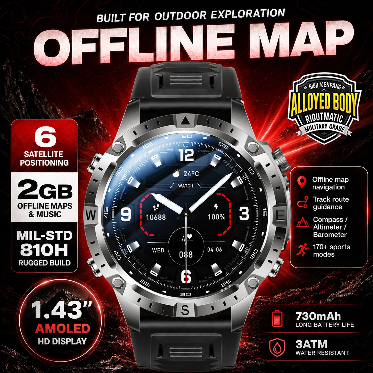 

2026 Men Outdoor GPS Smart Watch Offline Maps 2GB Storage 6 Satellites Altimeter Compass Barometer 170+ Sports Swim Smartwatches