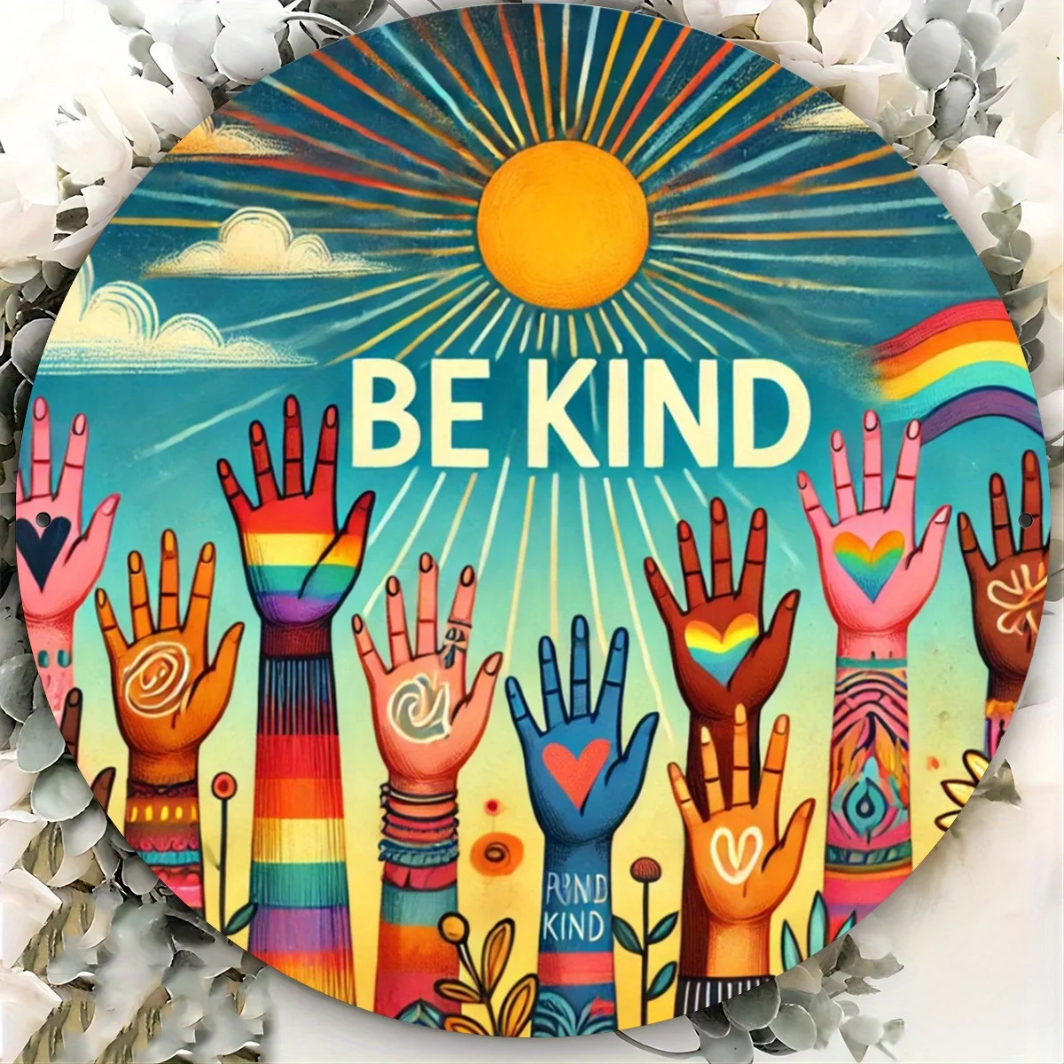 1 шт., вдохновляющий круглый металлический знак «Be Kind» — яркая тема единства и доброты, устойчивый к атмосферным воздействиям железный настенный рисунок для улицы, крыльца