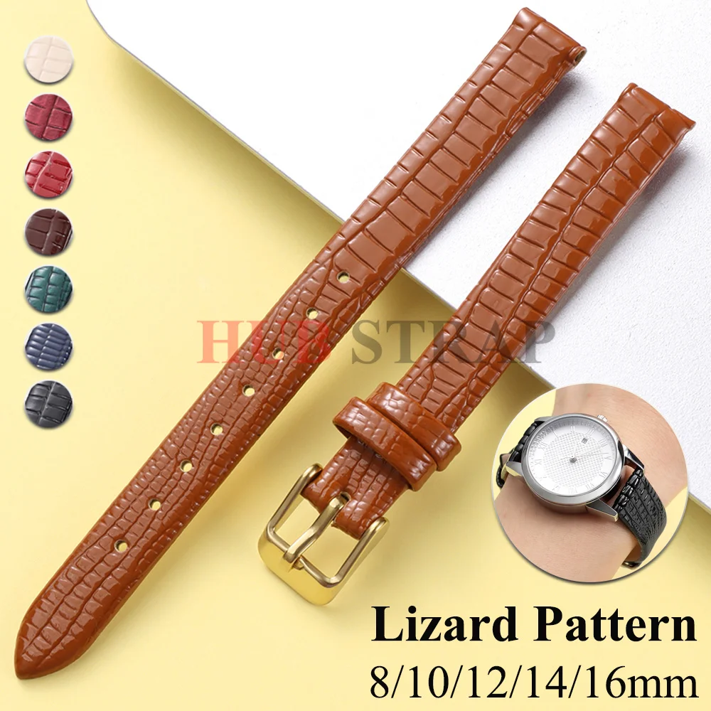 8/10/12/14/16mm Soft Lizard Texture Leather Watchband Pin Buckle Watch Strap for Women Men Black Brown Blue Wristwatch Band