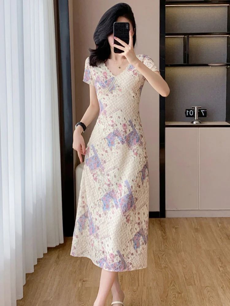 

SMTHMA High-End New Summer French Floral Lace Print Dress Women's Short Sleeve V-Neck Sweet Slim Waist Long Dresses Robe