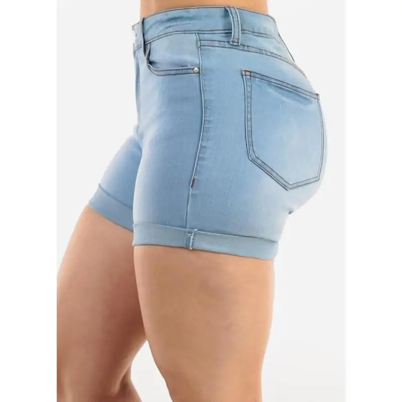 Taille mi-haute élastique à revers Denim orts bleu clair pantalons décontractés pour les femmes printemps été Faion Sle IAV408 PVC matériel