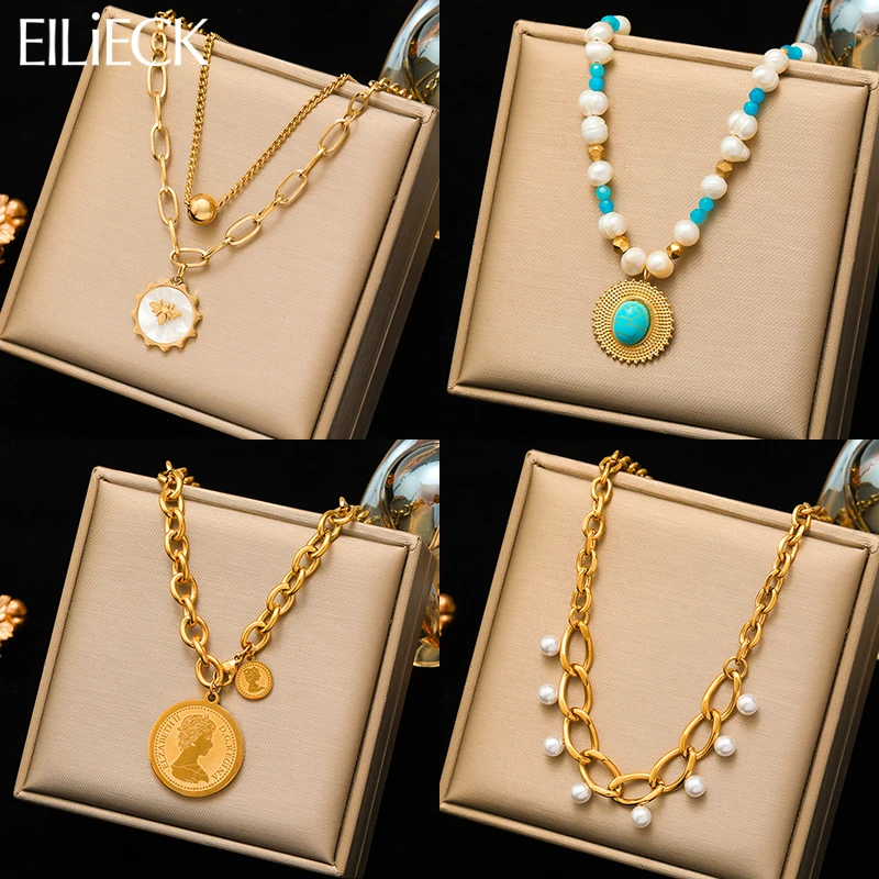 

EILIECK 316L Stainless Steel Gold Color Waterproof Coin Pearl Necklace For Women Girl Fashion Neck Chain Jewelry Holiday Gifts